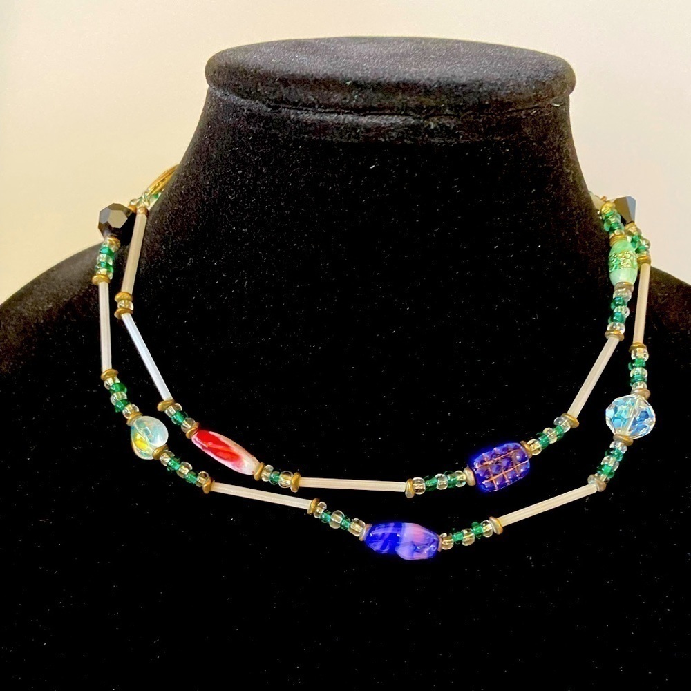 7 Necklace Artisan Glass Beads Vintage Long Single Strand 34”